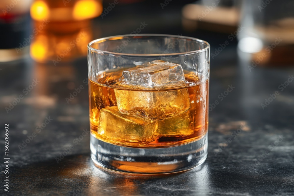 Poster whiskey on the rocks served in a short glass with ice cubes during a casual evening setting