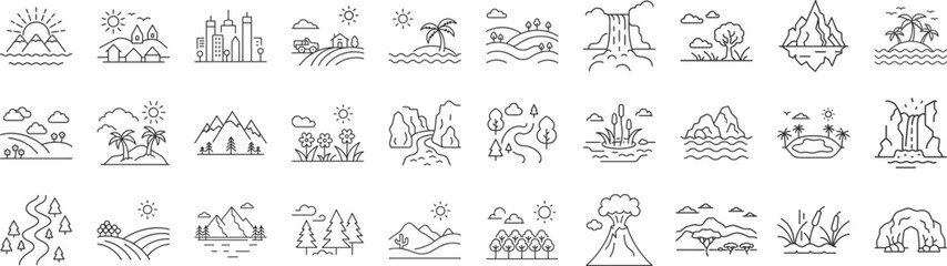 Landscapes line icon set. Vector pictograms of natural and urban scenery, mountain, beach, forest, desert, waterfall, cityscape, canyon thin linear illustration.