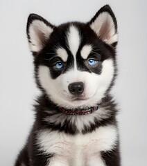 Obraz premium Adorable Siberian Husky Puppy with Blue Eyes on White Background