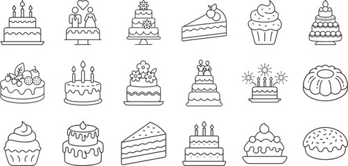 Cake line icon set. Vector pictograms of birthday cakes, wedding, cupcakes, pastry dessert, cheesecake thin linear illustration.
