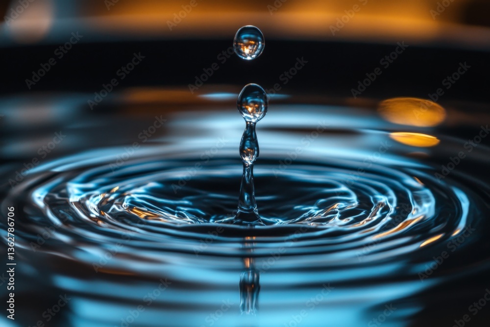 Poster Water droplet creating ripples on the surface in a calm setting with soft reflections illuminating the scene