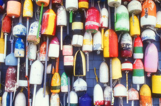 Lobster buoys nailed to shed wall