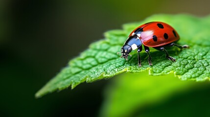 Fototapeta premium Close view of a ladybug resting on a green leaf in a natural setting during daylight hours