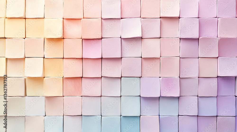 Poster Pastel-colored square blocks create a textured background, showcasing a soft, gradient pattern from light peach to lavender.  Represents calmness and serenity, ideal for minimalist designs