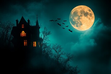 Fototapeta premium Mysterious haunted house illuminated by moonlight with bats flying at night