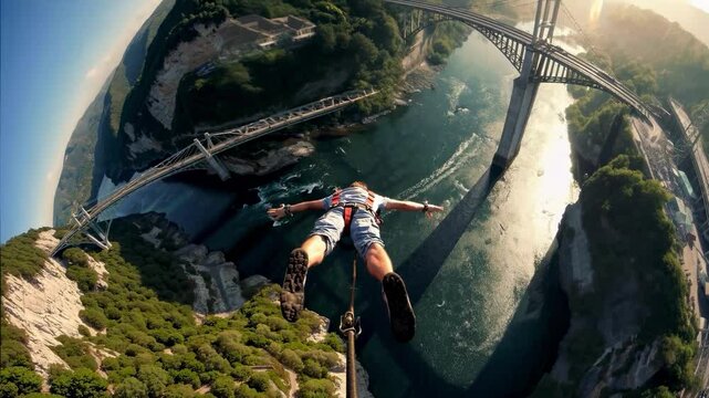 A thrilling video scene captures a first-person view of a bungee jump from a bridge, showcasing a wide-angle lens and dynamic perspective.