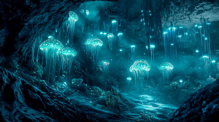Explore a subterranean biome where bioluminescent creatures with translucent, ghostly faces illuminate the vast caverns with an eerie glow