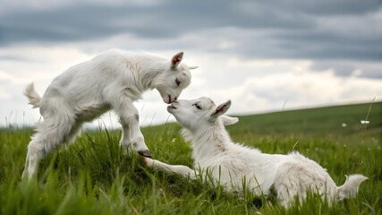 Fototapeta premium Two energetic baby goats with soft white fur engaging in playful antics in a sunlit green pasture, symbolizing happiness and rural charm.