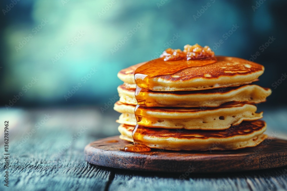 Poster stack of fluffy pancakes drizzled with syrup on a rustic wooden plate during a cozy breakfast settin