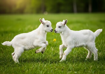 Obraz premium Two energetic baby goats with soft white fur engaging in playful antics in a sunlit green pasture, symbolizing happiness and rural charm.