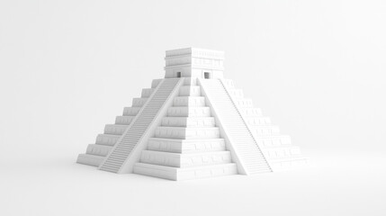 White 3D Model of Mayan Pyramid Ancient Mesoamerican Architecture Isolated on White Background