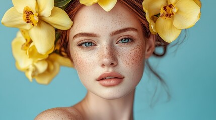With soft lighting, a young woman with a flower crown and bright eyes is posed in front of a mint green background