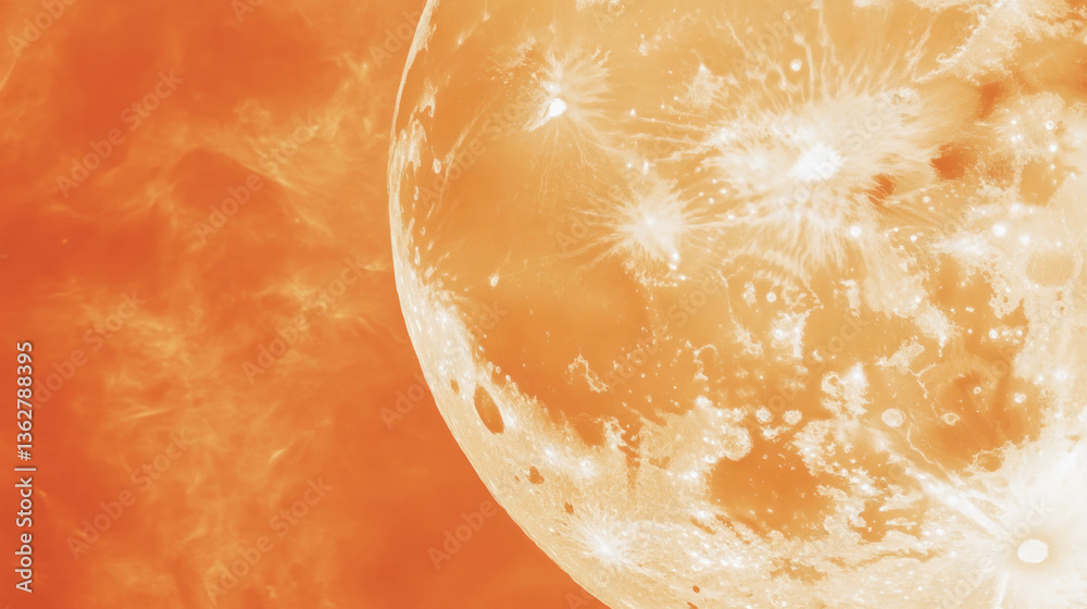 Poster abstract chaotic moon with orange texture in surreal cosmic scene