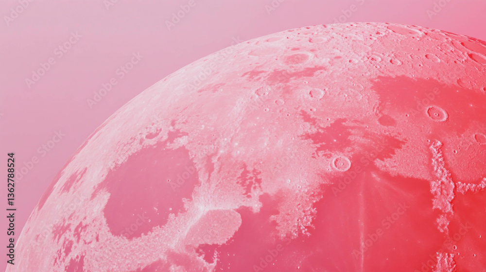 Poster Surreal pink moon surface with textured craters in abstract chaos