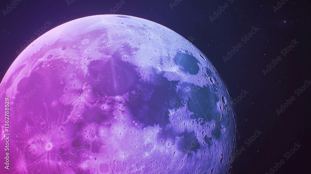 Poster surreal purple moon with chaotic texture in deep space