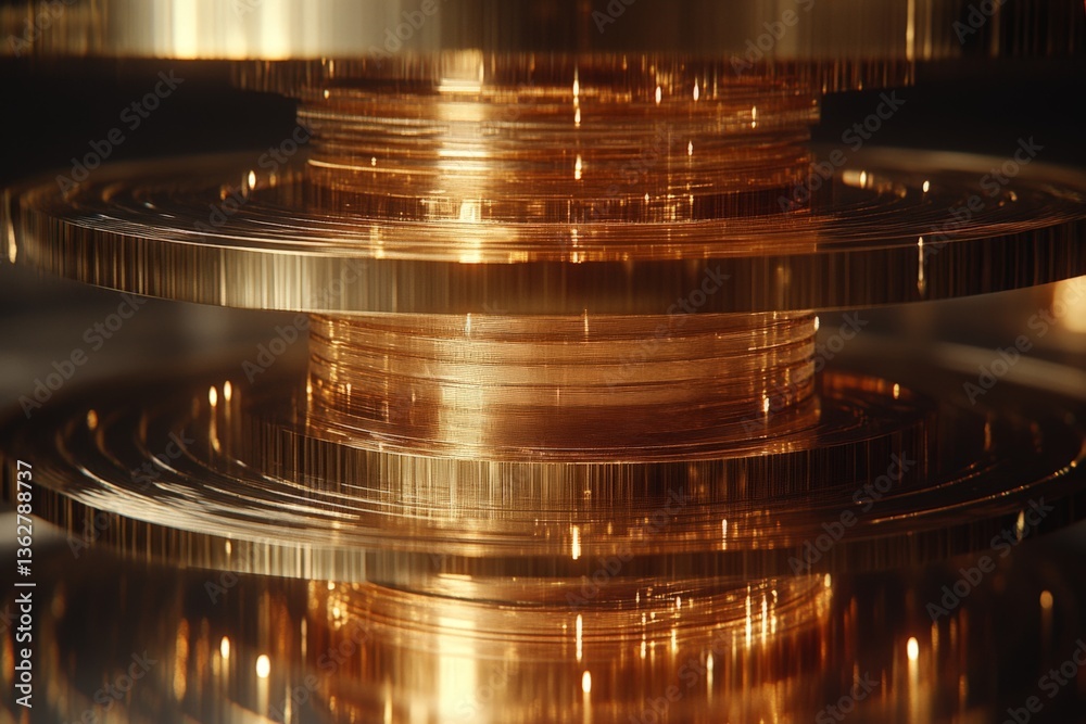 Fototapete detailed view of intricate circular metal structures reflecting golden light in a modern environment