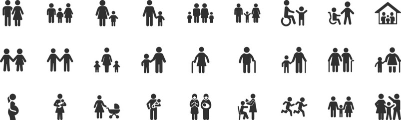 Fototapeta premium Family, relationship icon set. Vector glyph pictograms of couple, parent, child, elderly people, pregnancy, parenting, community, single mother, social care black silhouette illustration.