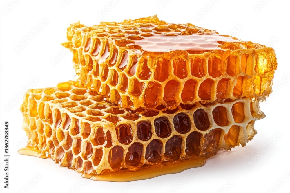 Poster delicious honeycomb with golden honey dripping from honey cells in a bright setting
