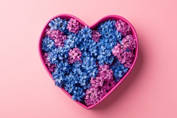 Colorful hyacinths arranged in a heart-shaped container are set on a background of pink