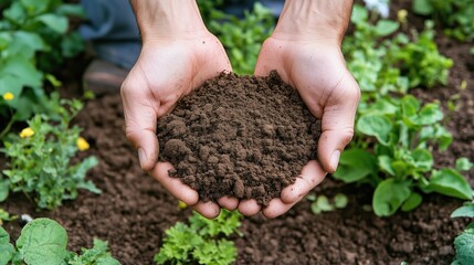 A close-up of hands holding rich soil, symbolizing earth wellness, macro shot, in a thriving garden, natural textures, with soft and diffused light
