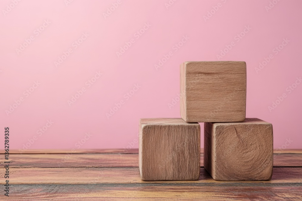 Poster wooden blocks arranged on a rustic wooden surface with a soft pink background in a cozy indoor setti