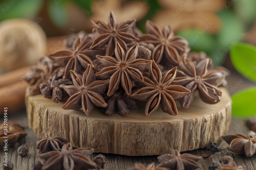 Poster star anise arranged on a wooden slice with aromatic spices in a natural setting