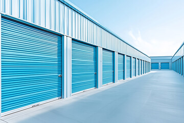 Modern self storage facility with closed blue roll up doors in a clean industrial area under bright sky