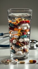 Health concept: overflowing pill glass symbolizing medication overload and healthcare challenges