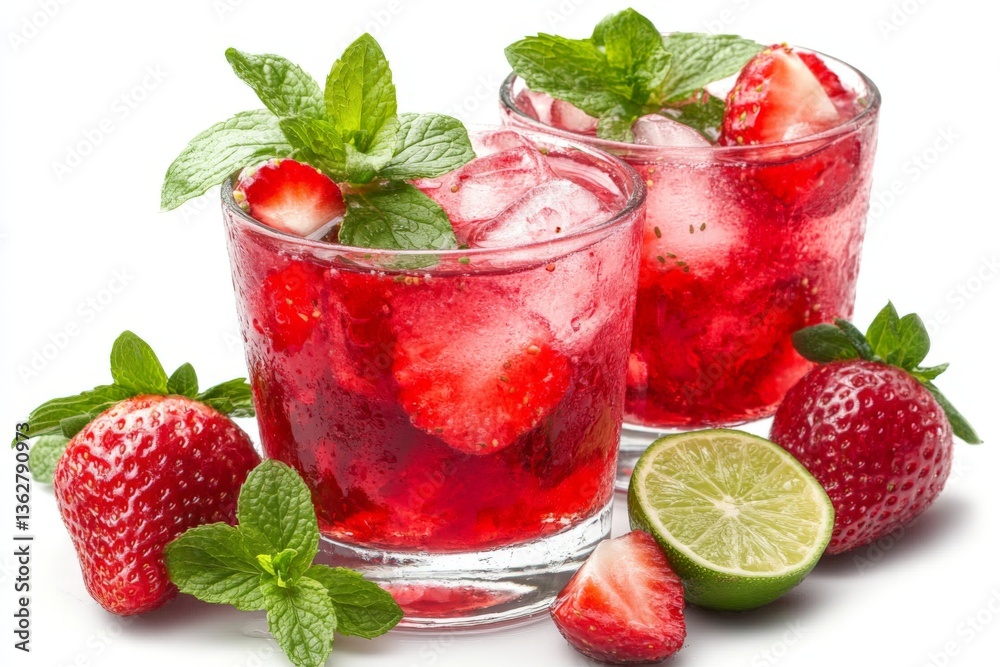 Poster refreshing summer strawberry mint drinks served with fresh strawberries and lime slices ready to enj