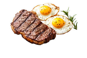 Delicious grilled steak with sunny side up eggs on a plate