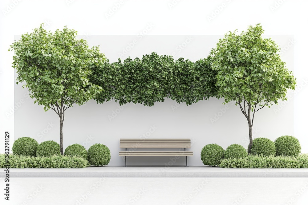 Poster Serenity captured in a minimalist garden design featuring trees and a bench near lush greenery