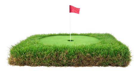 Golf field with red flag and grass, isolated on transparent cutout background