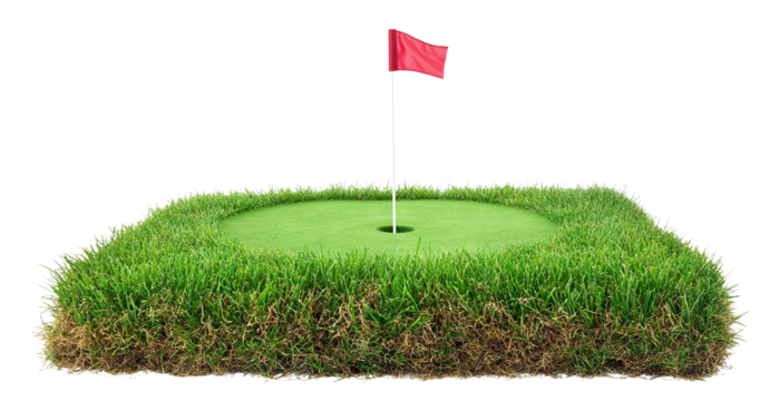 Golf field with red flag and grass, isolated on transparent cutout background