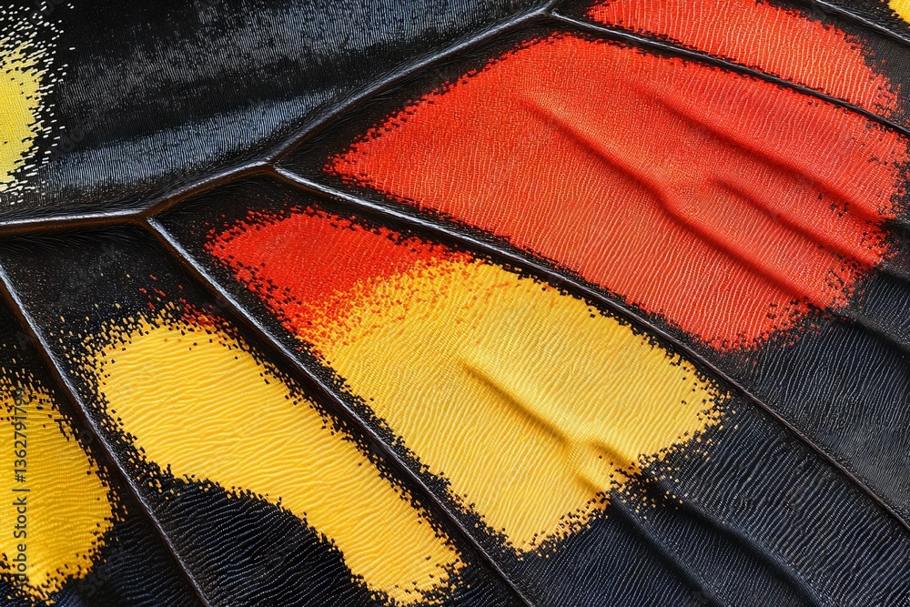 Poster close-up view of a butterfly wing displaying vibrant colors and intricate patterns in natural light