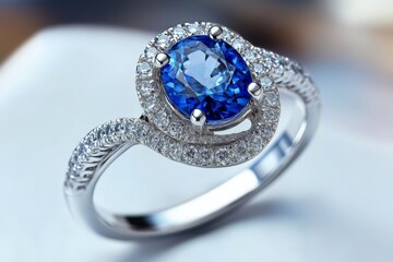 Elegant blue gemstone ring featuring intricate design and sparkling diamonds on a soft background
