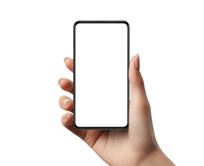 Hand holding smartphone with blank screen, isolated on transparent cutout background