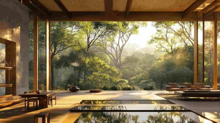 Fototapeta premium Modern house with expansive glass wall overlooking lush forest.