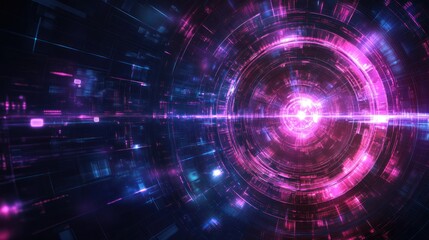 Fototapeta premium Abstract futuristic tunnel with glowing pink and blue circles and lines.