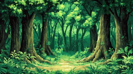 Lush green forest path.