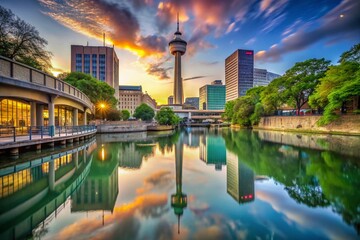 Fototapeta premium San Antonio Riverwalk & Tower of the Americas Double Exposure