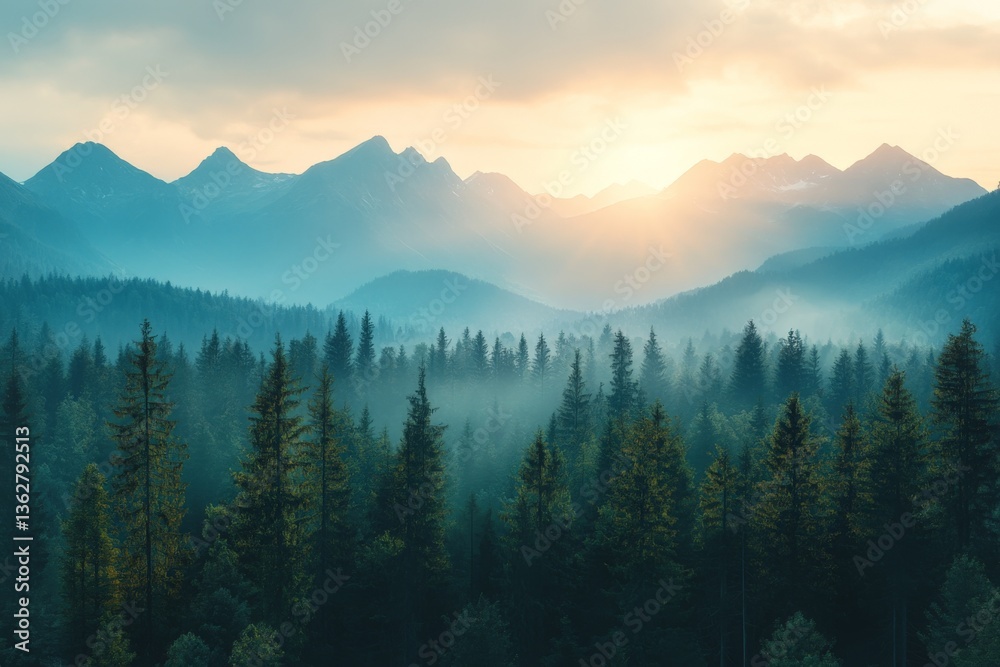 Aufkleber Sunrise illuminates misty mountain landscape with towering trees in serene forest setting