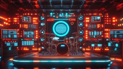 Obraz premium Futuristic drum kit in a neon-lit control room.