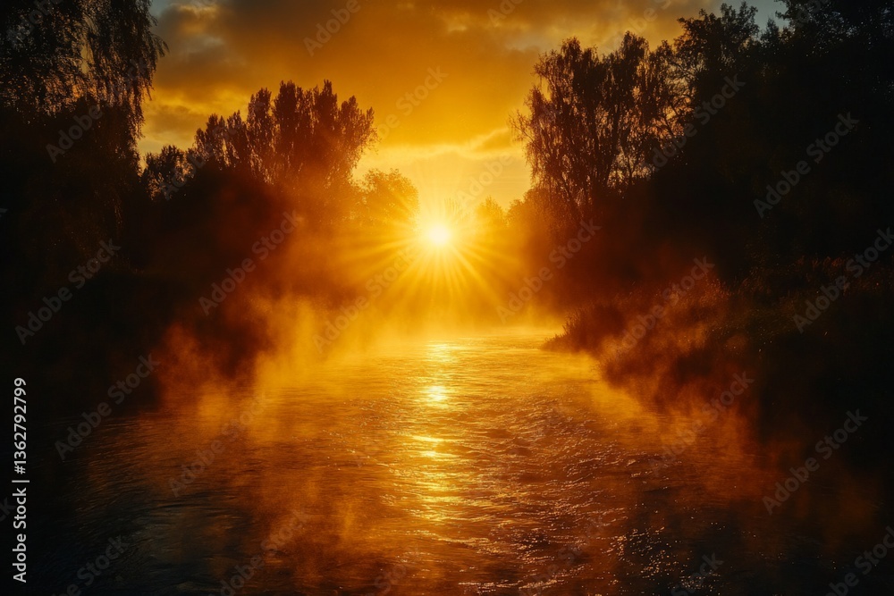 Poster sunset reflects on a misty river surrounded by trees at golden hour in a serene natural setting