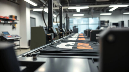 Fototapeta premium Modern printing machine with t-shirt at printshop