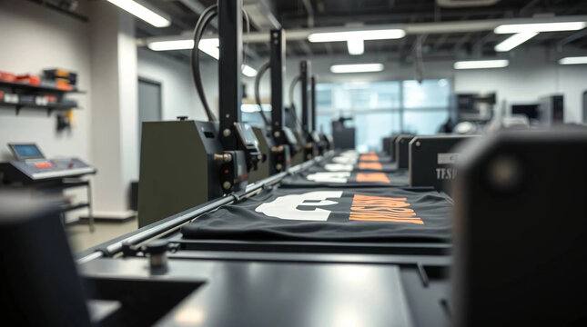 Modern printing machine with t-shirt at printshop