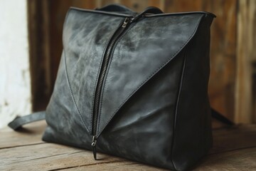 Stylish black leather backpack displayed on a rustic wooden surface in a cozy interior setting