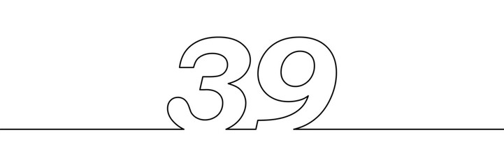 A single line drawing of a thirty nine symbol. One line icon. Continuous line thirty ninth number icon. Simple black outline of the number 39. Vector illustration.