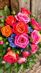 Rustic bouquet of colorful roses and lush greenery, country style, romantic, flowers