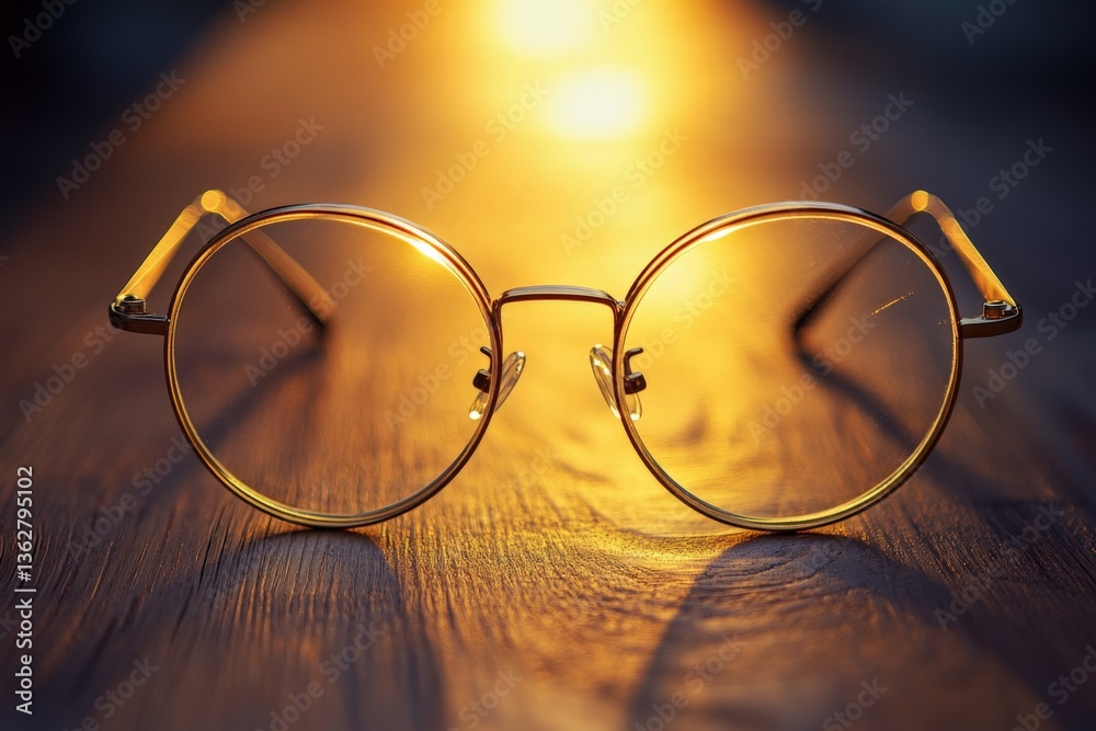 Aufkleber Glasses resting on a wooden surface with sunlight creating a warm glow in the background during sunset