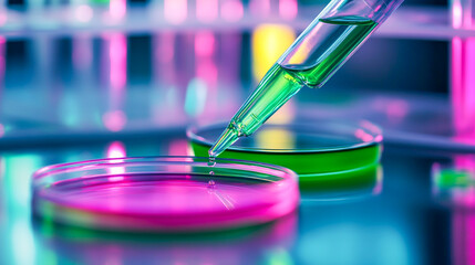 Macro shot of a pipette transferring green and pink liquid onto a petri dish in a laboratory setting, with a focus on virus samples and scientific research